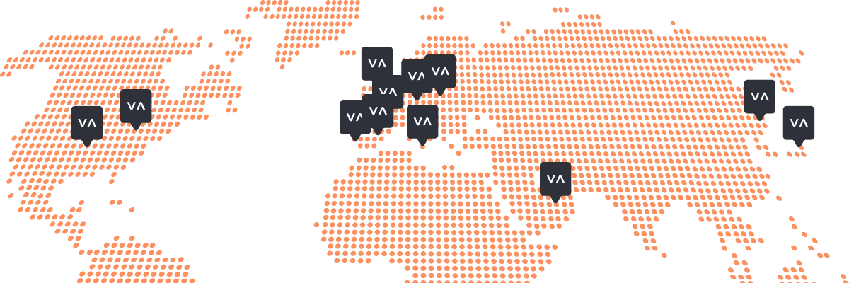A dotted orange world map on a black background with gray VA markers placed on various locations across North America, Europe, the Middle East, and Asia.